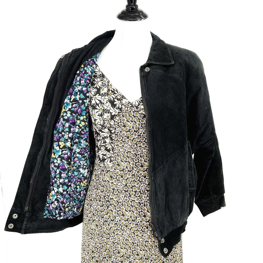 Vintage Suede Leather Bomber Jacket Black Purple Floral Line Y2k Punk Goth S/M